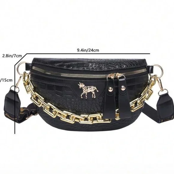 Black Crocodile Pattern Fashion Crossbody Bag with Gold Chain - Picture 3 of 5